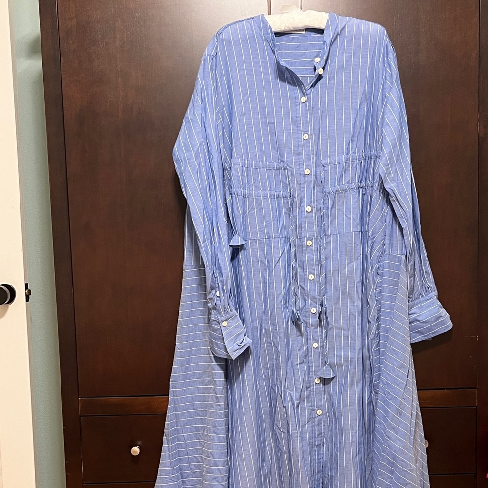Blue Striped Button-Down Maxi Dress
